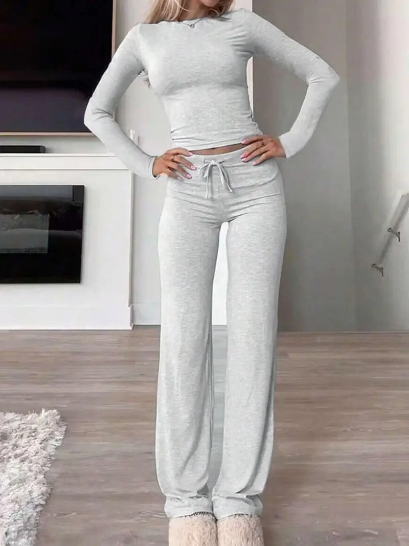 Women's Solid Long Sleeve Crop Top & Drawstring Waist Straight Leg Pants Loungewear Set, Casual Comfy Round Neck Top & Trousers PJ Set, Ladies Sleepwear for Spring & Fall