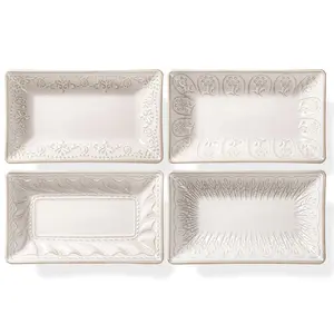 4-Pc 9.85" Large Rectangle Pasta Bowls | Embossed Ceramic (Microwave Safe) | 25oz Family-Sized Serving Dishes for Salad & Soup Oven Set