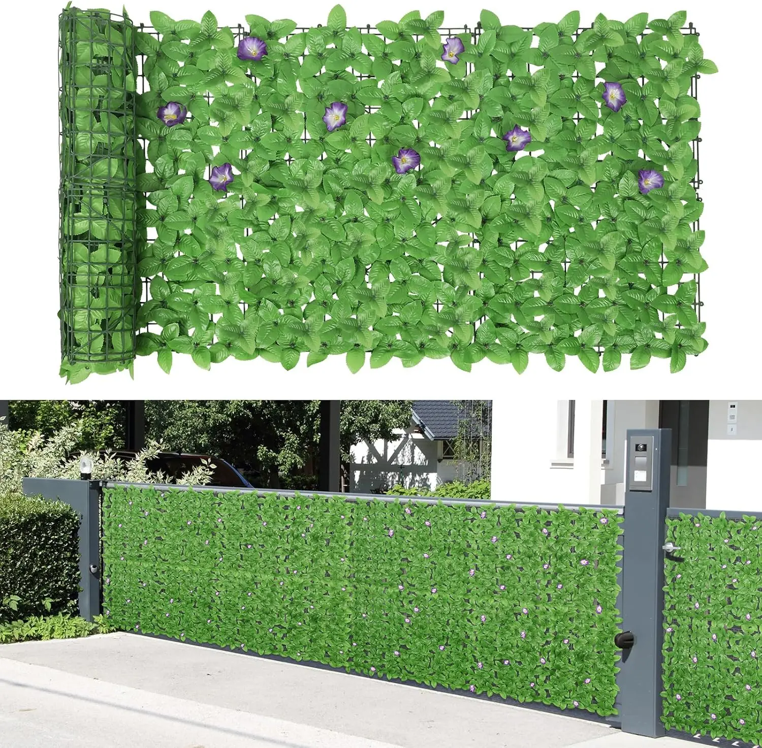 24-Pack Expandable Artificial Leaf Privacy Fence Panels - Lightweight, Easy-to-Install 132x37.8in Privacy Screen with Faux Green Leaves, Purple Flowers for Patio, Backyard, Home Improvement Garden Decor