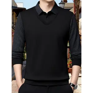 Men's Casual Breathable Long-Sleeve Golf Shirt, Fake Two-Piece Design For Spring/Fall Daily Wear
