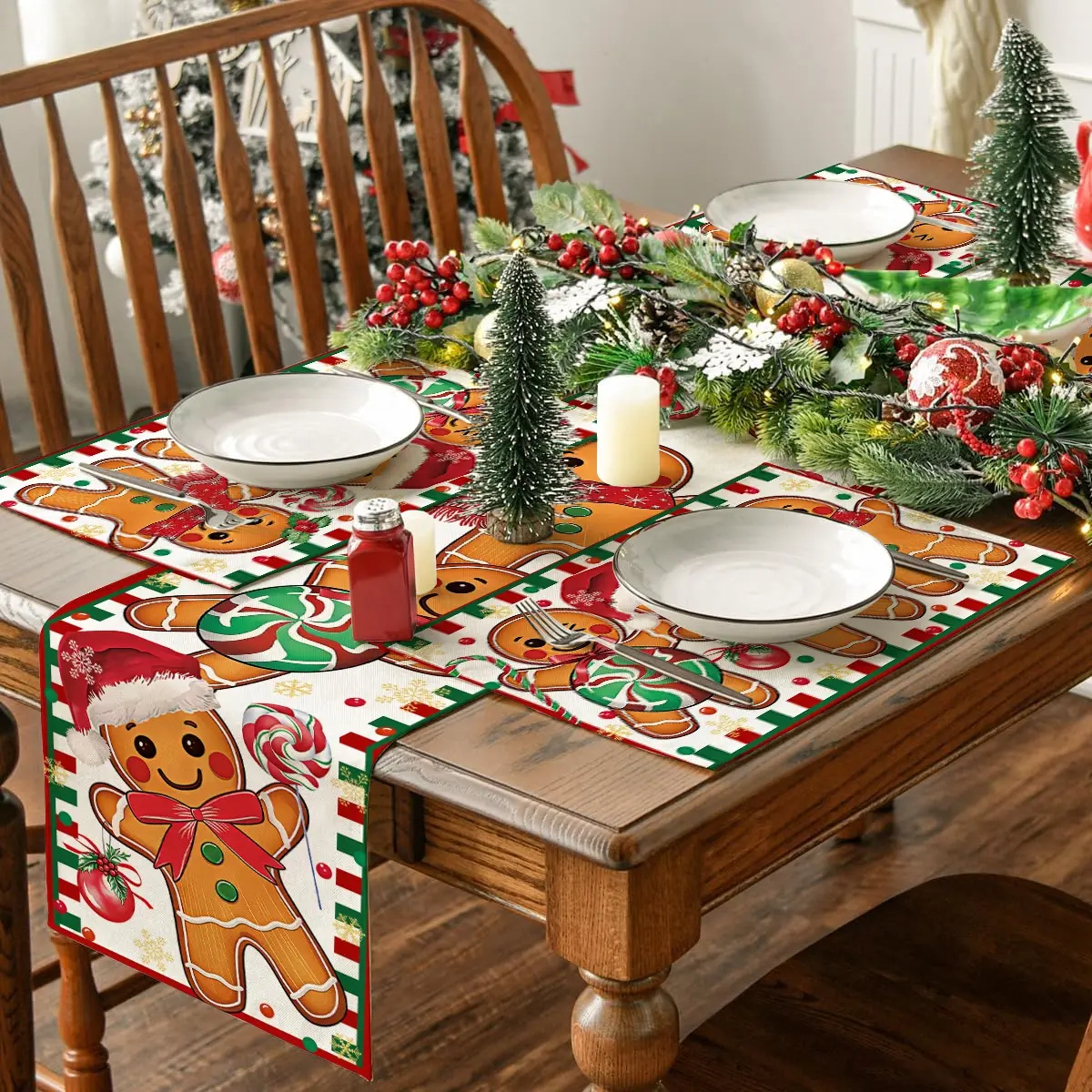 1/4/5/7pcs Christmas Gingerbread Man Table Mat Set, Gingerbread Man Anti slip Thermal Insulation Table Mat, Christmas Tree Snowman Pattern Table Banner, Party Table Decoration, Kitchen Decoration, Table Runners, Party Decor Supplies