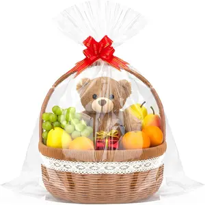 10 Pack Large Cellophane Basket Bags, 24 x 30 Inches Easter Cello Basket Wrap with 10 count Pull Bow, Plastic  Wrapping for Spring Party Favor Supplies