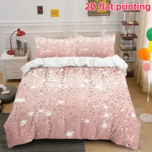 2D Flat 3Pcs Romantic Pink Gradient Glitter Bedding, Shimmer Sparkle Design Duvet Cover, Soft Microfiber for Valentine's Day Bedroom Decor, 1 and 2 Pillowcases, No Filling