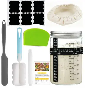 Sourdough Starter Jar 900ml Pro Glass Kit with Date Feeding Band Thermometer Silicone Spatula Cloth Cover Sponge Brush Blackboard Stickers and Erasable Pen