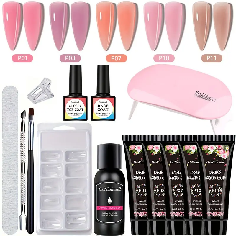 Osnailmall Long-Lasting Nail Gel Extension Kit, 5 Colors, USB Powered UV Lamp, Salon Manicure Set, Includes Tools & Decorations, Valentine's Gift, Gel Nails Kit, Gel Nail Kit For Beginners With Everything, Nail Art Kits