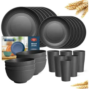 24-Piece Wheat Straw Dinnerware Set, Service for 6, Dinner, Dessert,, Cups, Camping Dishes, Black