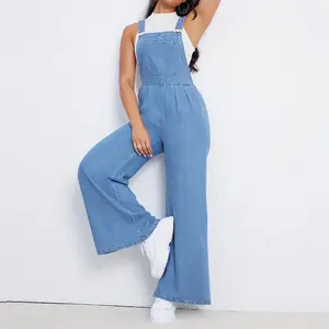 Yzara Women's Denim Bib Overalls Wide Leg Loose Fit Ripped Adjustable Strap Casual Sleeveless Cargo Jeans Jumpsuits Pocket Womenswear Basic Blue Fitted Minimalist Strappy