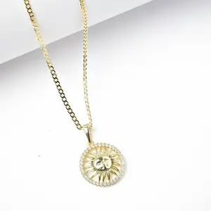14K Laminated Gold Sun Pendant Necklace 2MM - Radiant Design with Sparkling Stones for Elegance and Modern Style - 16 18 22 Inch Chain Included, Includes Chain, Multi-Size