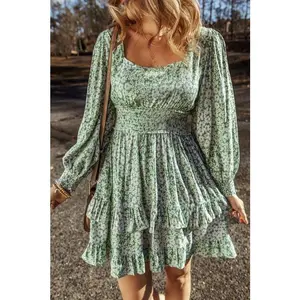 Floral Square Neck Shirred Waist Ruffle Dress