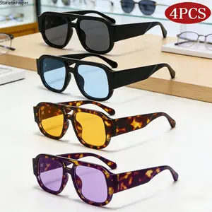 4-Pack Retro Large Frame Square Sunglasses for Women & Men, Double Bridge Design with Candy Color Wide Legs, UV400 Protection Trendy Shades Ideal for Outdoor Sports & Daily Streetwear