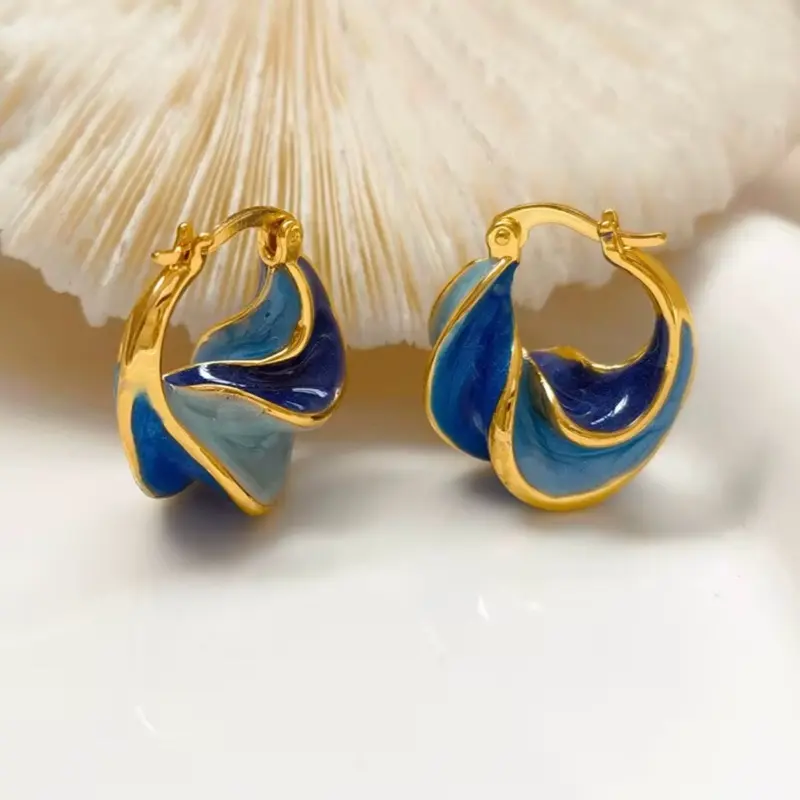 Women's Retro Style Hypoallergenic Alloy Blue Enamel Gold Hoop Earrings - Casual Female Costume Jewelry Gift