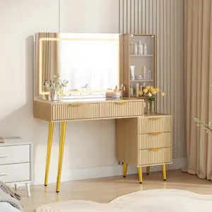 Garvee Makeup Vanity Desk with Mirror and Lights, 48" Fluted Makeup Table with Glass Top, Vanity Desk with 5 Drawers, Open Shelf & Power Outlet, Modern Dressing Table for Bedroom Living Room