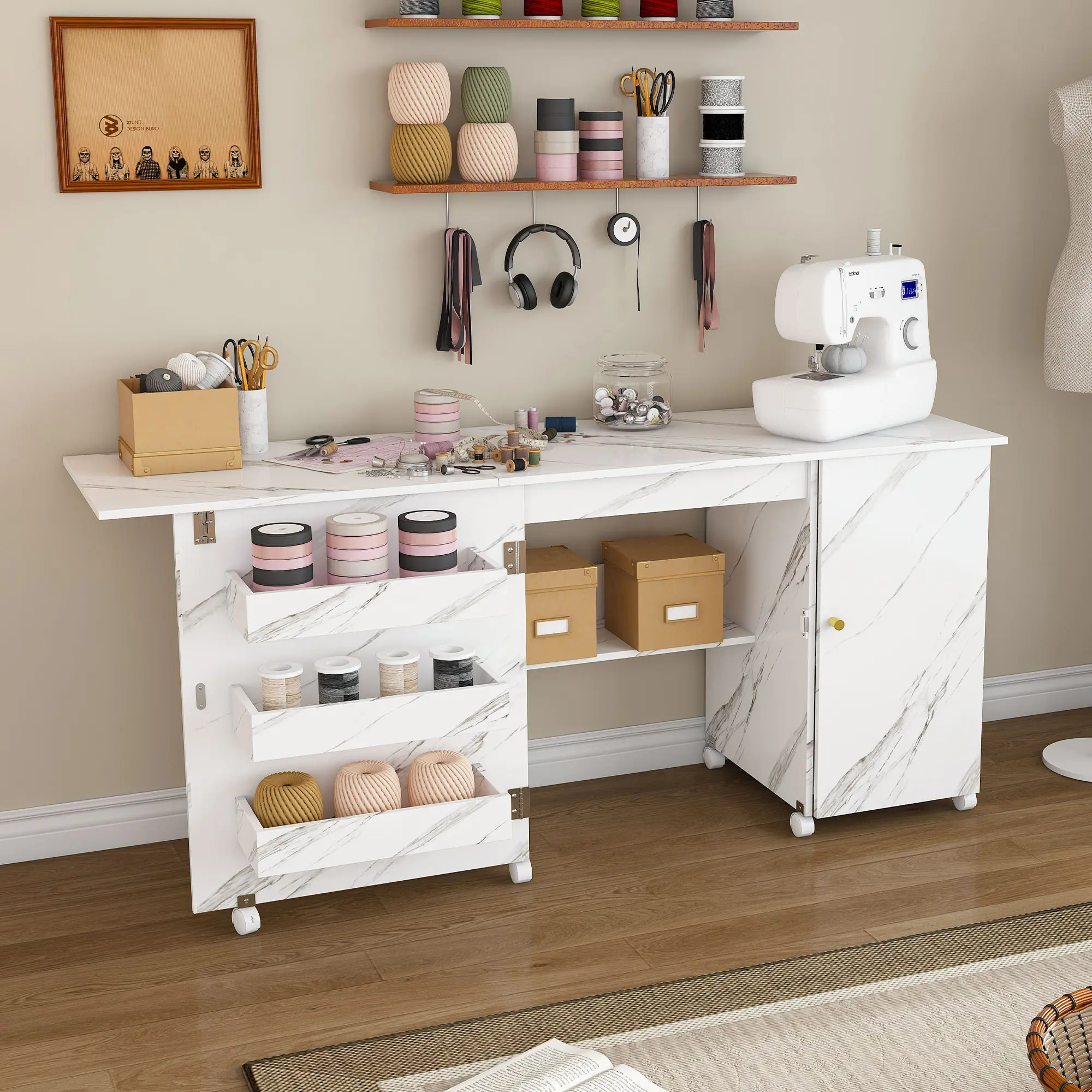 Multifunctional Home Sewing Table - 57.5in Modern White Sturdy Wood Framed Craft Cabinet, Drop-Leaf Fold with Locking Casters, Adjustable Shelves, Customizable Design, Multi-Storage Bins/Compartments, Above 25 kg Capacity for Sewing Supplies