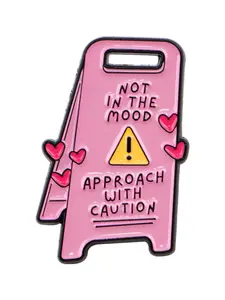 Pink Warning Sign Cartoon Badge Pin Brooch, Unisex Zinc Alloy Casual Multi-Functional Lapel Pin for All Seasons, Durable Metal Pins