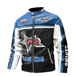 Blue Black White Colorblock Men's Racing Leather Jacket - Motorcycle Jacket with Racing Style Design & Streetwear Branding