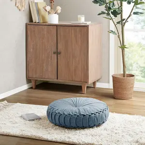 Round Floor Pillow Cushion, Tufted & Pleated Aqua Poly Chenille