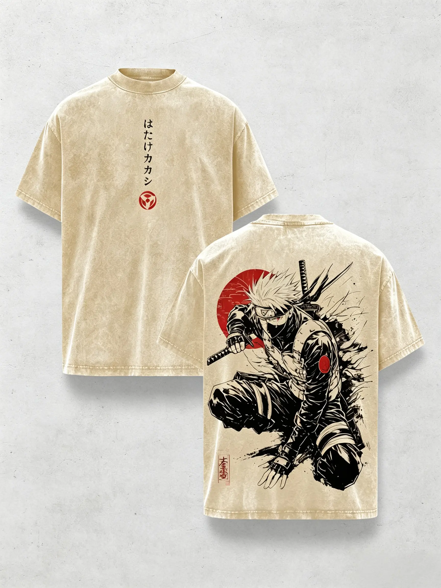Vintage Washed Naruto Kakashi Oversized Unisex Anime Graphic T-Shirt Top Man Menswear Streetwear Round Neck Crewneck Tropical