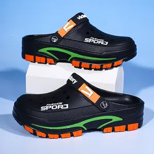 2025 Summer Men'S Lightweight Breathable Slip-On Clogs - Durable EVA Beach Shoes with Ventilation Holes, Black & Orange Design for Casual Casual Attire, Summer Footwear |   Trendy Slipon Shoes |   Lightweight Footwear