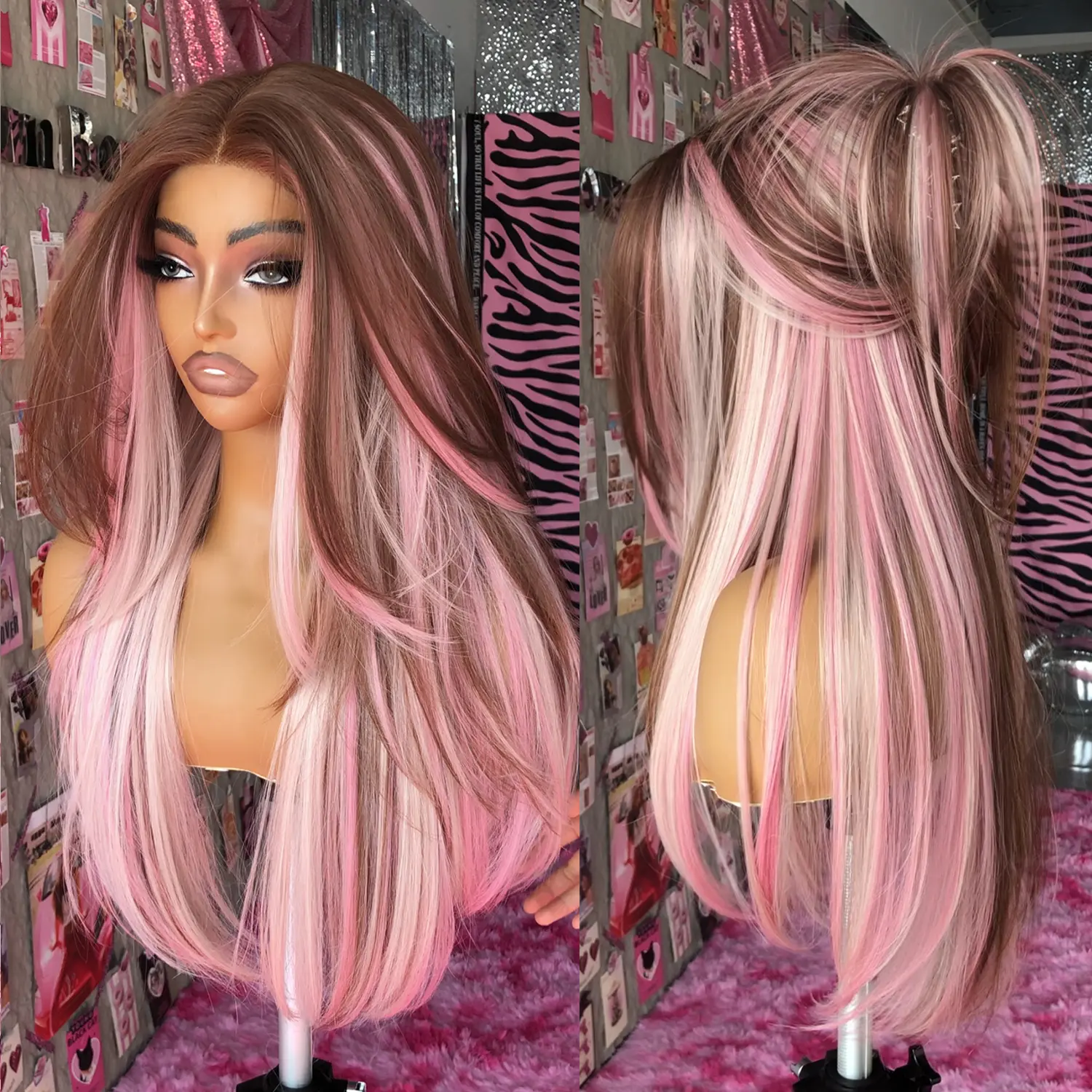 BrownBomb Glueless Female Synthetic Lace Front Wig, 26in Neapolitan Alt Color, HD Lace Middle Part with Bangs, Pre-plucked Natural Hairline, Pre-cut Layered Long Straight, Heat-Resistant Synthetic Fiber, 3-Second Wear for Daily Use & Holidays
