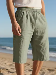 Men's Solid Color Linen Capri Pants, Regular Fit Casual Comfy Elastic Waist Shorts for Daily Wear, Men's Bottoms for Summer, Casual Streetwear Shorts