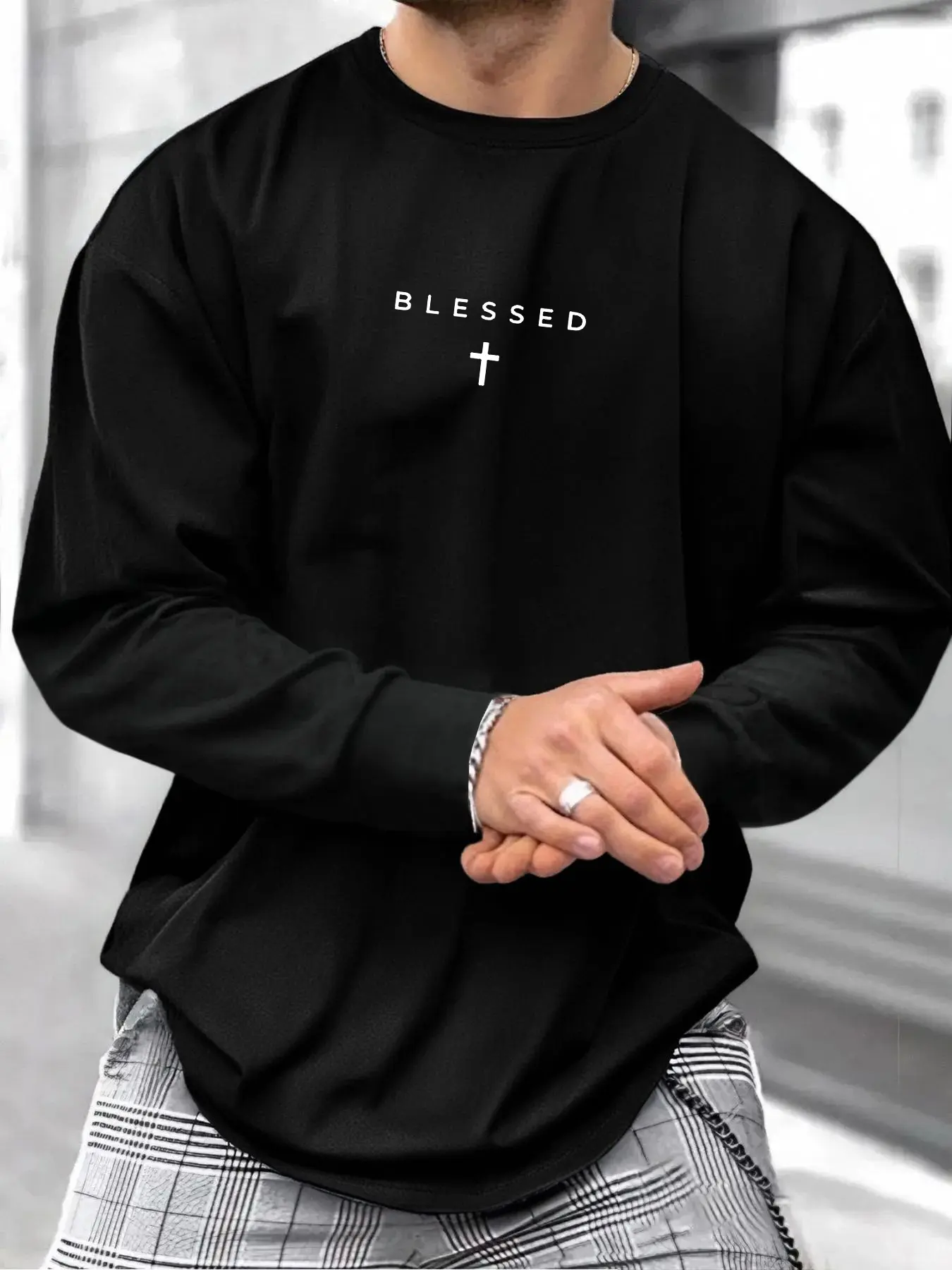 Men's Casual Loose Fit Crewneck Long Sleeve T-Shirt, Soft Sweat-Absorbing Fabric, Graphic Letter Print Top, Streetwear Street Style for Fall & Winter, Casual Print Tee
