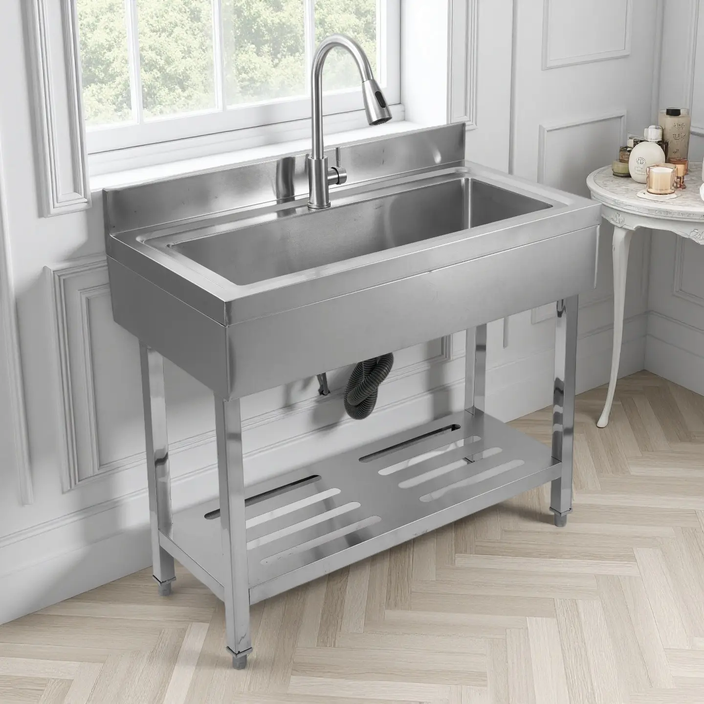 CNCEST 13.2 Gal Rectangle Minimalist Stainless Steel Freestanding Single Bowl Commercial-Grade Utility Sink with 360° Pull-Out Faucet, Easy Installation for Basement Laundry Room (Wash Clothes), Kitchen Counter