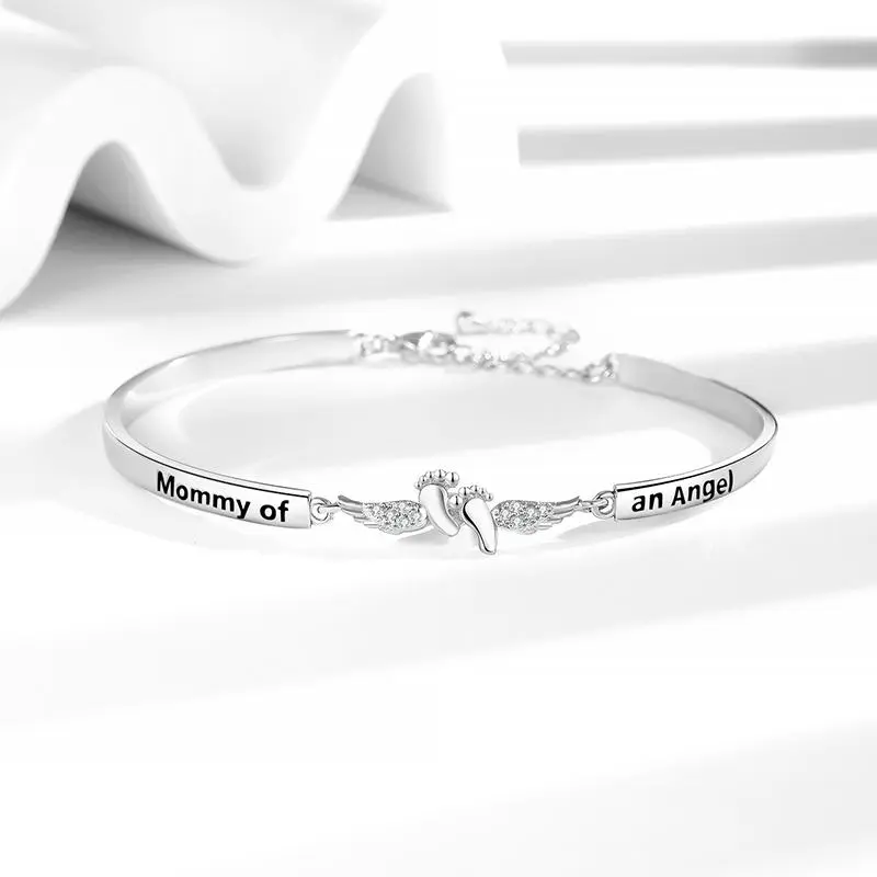 Letter & Wing Design Cuff bracelet - Mommy of Angel, Fashionable Jewelry for Women, Elegant All-match Fashion Accessories for Daily Wear, Personalized Angel Bracelet, Engraved Bracelet