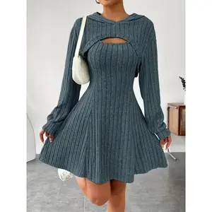 Solid Color Ribbed Dress Set, Long Sleeve Hoodie Shrug Top & Sleeveless Square Neck A-line Tank Dress Outfits, Women's Clothing