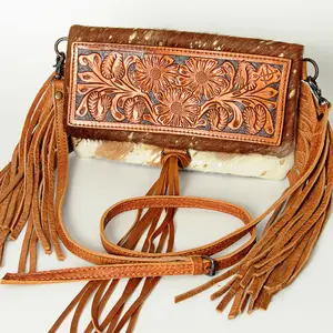 American Darling Wallet Bag Hand Tooled Floral Carved Hair-On Cowhide Genuine Leather Purse Fringes with YKK Zipper