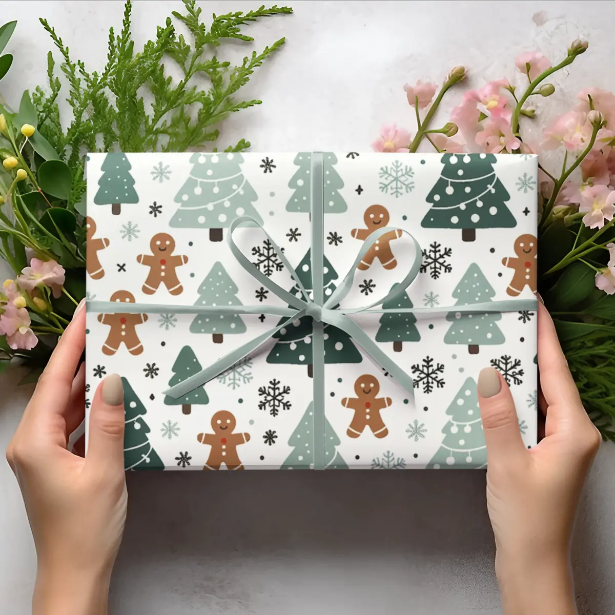 Christmas Tree, Gingerbread & Snowflake Wrapping Paper, Festive Holiday Gift Wrap, Multiple Sizes