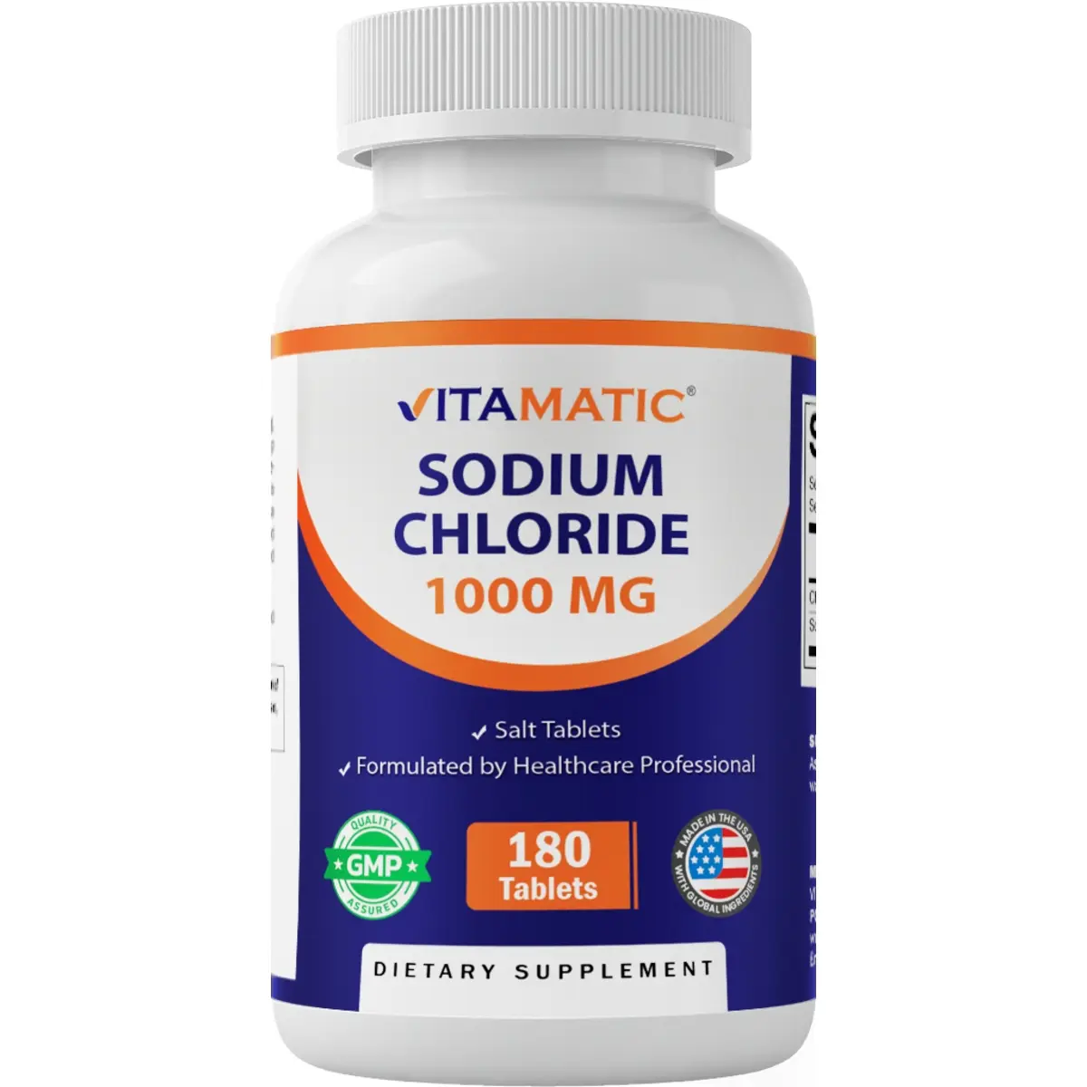 Vitamatic 1000mg Sodium Chloride Salt Tablets - 180 Tabs, GMP Certified, Non-GMO, Gluten-Free, Dairy-Free Adult Dietary Supplement for Electrolyte Boost Support (Compatible with Electrolyte Drink Mix)