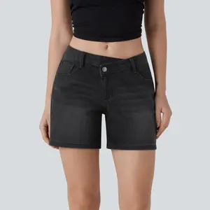 Halara Halara Flex Asymmetric Low Rise Multiple Pockets Washed Stretchy Knit Denim Casual Shorts Fit Black Basic Comfort Bottom