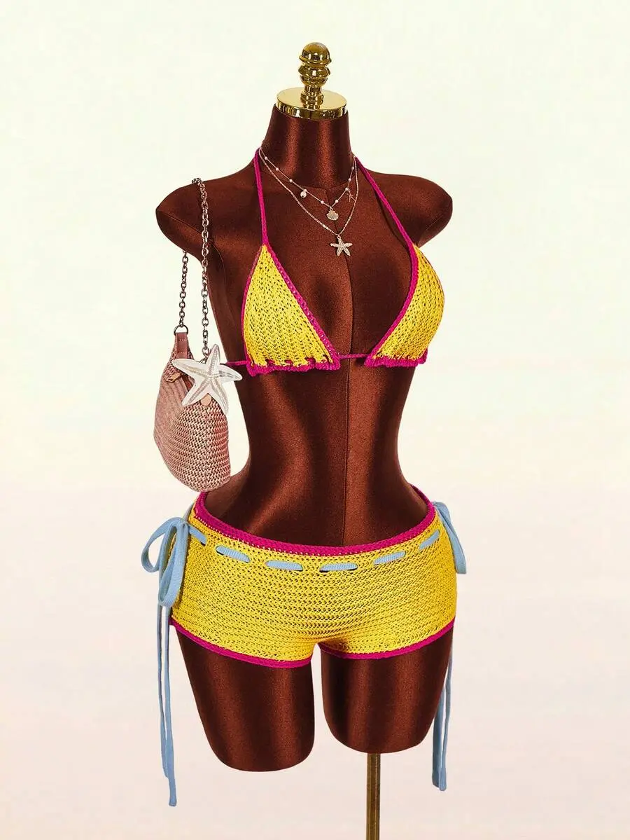 Women's 2-Piece Knit Texture Bikini Set - 2026 New Dopamine Hues, Sexy Avant-Garde Women's 2-Piece Set, Ideal for Beach Parties, Yellow Swimwear, Bikini Sets, Women's Two Piece Set
