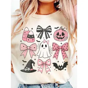 100% Cotton Halloween Shirt, Halloween Spooky Shirt, Fall Shirt, Pink Girly Bows Halloween Tee, Cute Ghost Shirt, Halloween Gift