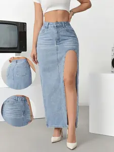 Women's Denim Skirt Summer Sexy Vintage High Slit Hem Bodycon Midi Dress, Casual Fitted A-Line Natural Waist, Embroidery Button Closure
