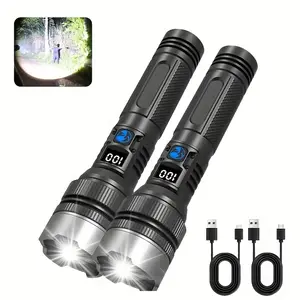 2pcs Rechargeable flashlight with high lumens, LED powerful ultra-bright flash, 5-mode zoom tactical flashlight with high power and water resistance, household emergency light summervibes