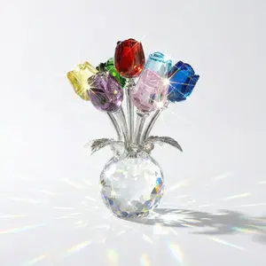 Colorful Rose Flower Crystal Figurine with Vase Bouquet K9 Crystal Handmade Ornament for Wife Girlfriend Women Home Table Decor Valentine's Day Wedding Anniversary Mother's Day Birthday Gift