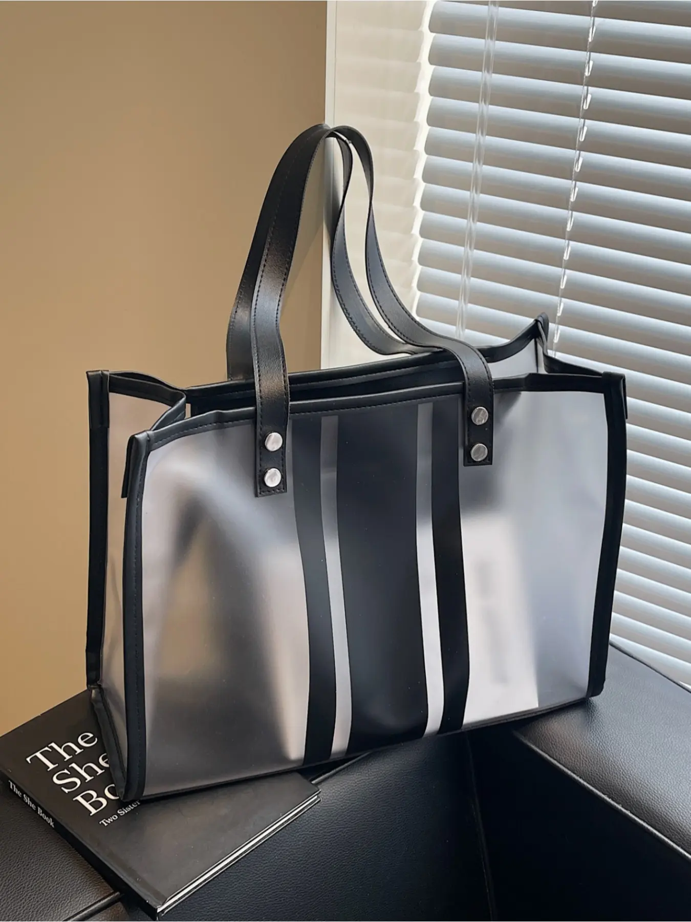New Transparent PVC Tote Bag with Black Trim and Studs Large Capacity Waterproof Handbag Shiny Stylish Bag for Concerts Commuting Beach Stylish Versatile Bag