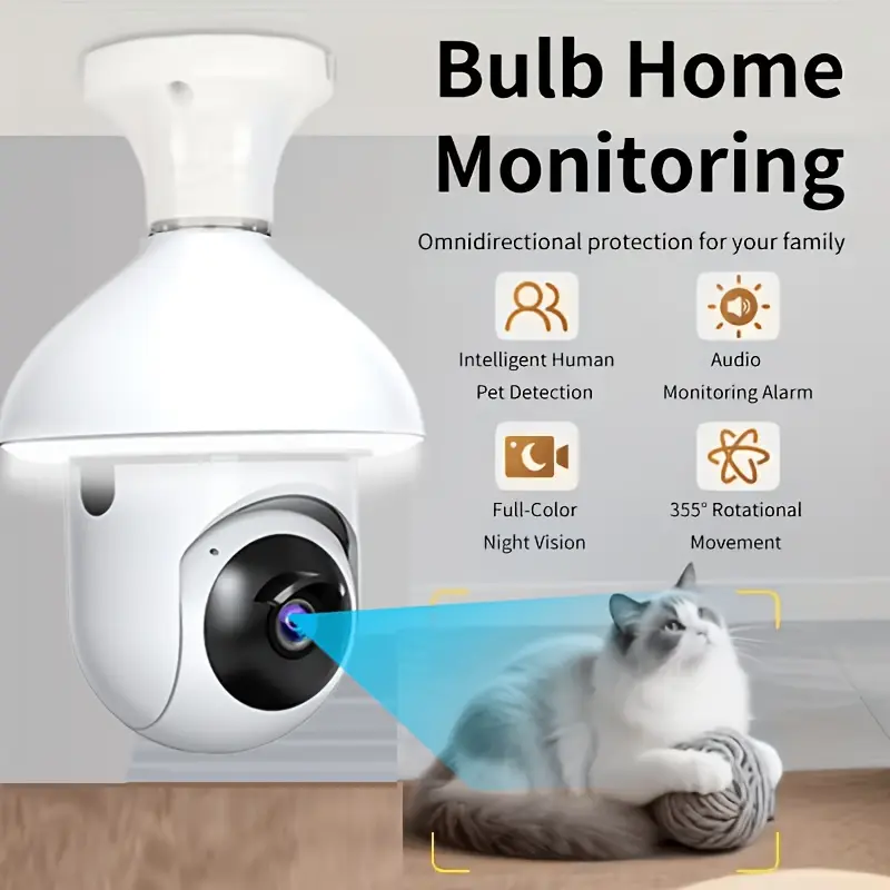 2-in-1 Light Bulb Wireless Security Camera - AI Tracking PTZ, 360° Pan/Tilt/Zoom, 1080p Home Cameras Indoor, Full Color Night Vision, 2-Way Audio, 2.4GHz Smart WiFi, Wall Mount, Ceiling Mount, Hidden Surveillance with Lighting Function