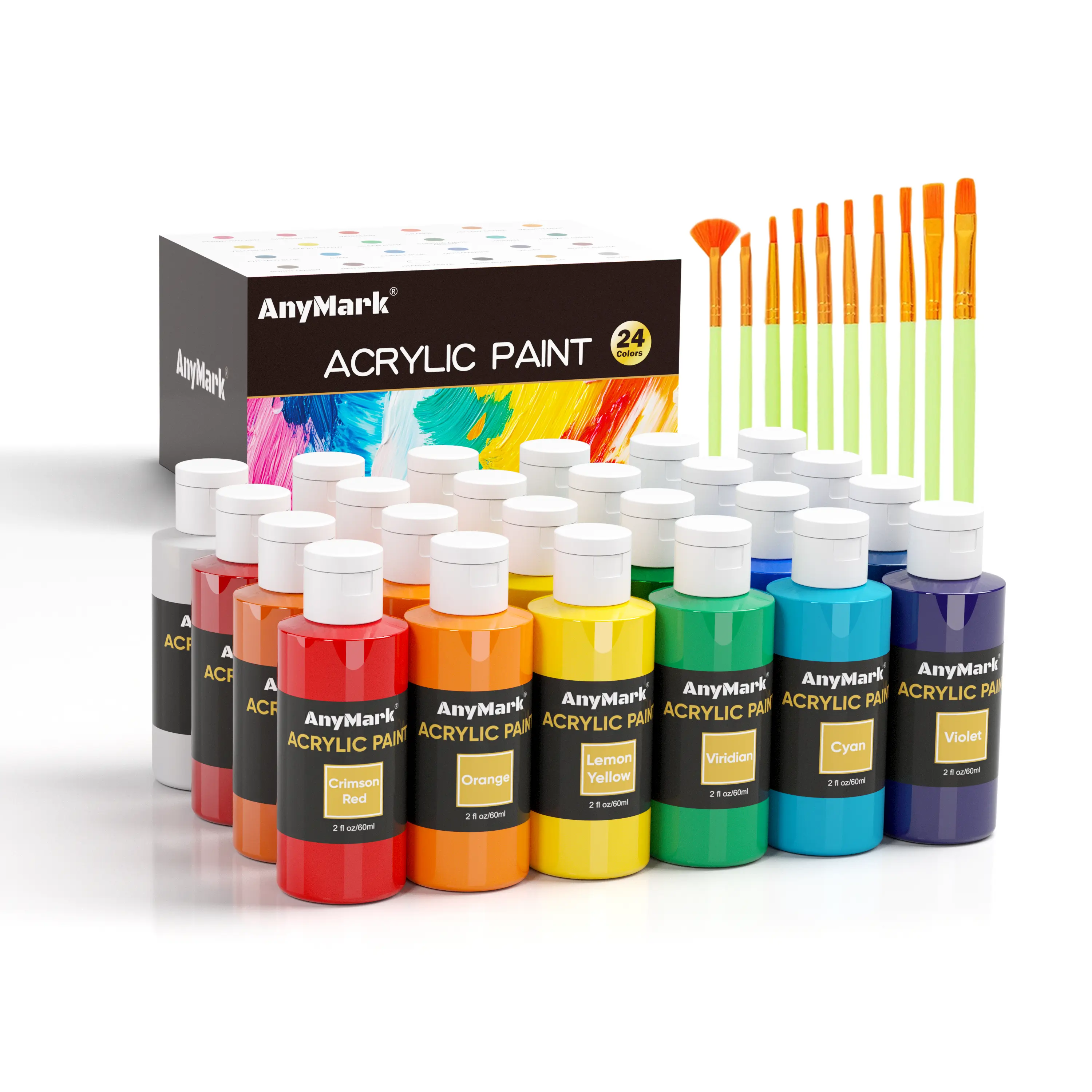 AnyMark High-Viscosity Acid-Free Acrylic Paint Set - 2 fl oz/60ml Bottles, Classic Colors with Metallic Gold & Silver Shades, Brushes, Highly Pigmented, Easy to Blend, Incredible Coverage Art Supplies for Teens, Long-Lasting Works on Rocks, Fabric