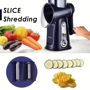 1 Set of Super Efficient 5-in-1 Cheese Grater and Vegetable Slicer - Manual Food Processor for Easy Kitchen Prep, Durable tabletop drum design with non-slip base, perfect for potatoes, fruits and more.