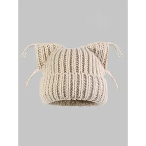 Women's Acrylic Knit Cat Ear Beanie Hat with Tassel Decor Solid Color Cute Ears 1-Size Fits Playful Vibe Warm Comfortable Fall Winter Fashion Accessory Set, One Size