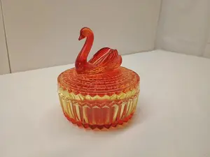 Jeanette Amberina Glass Swan Lidded Candy Trinket Dish 4.5” Red Orange Yellow