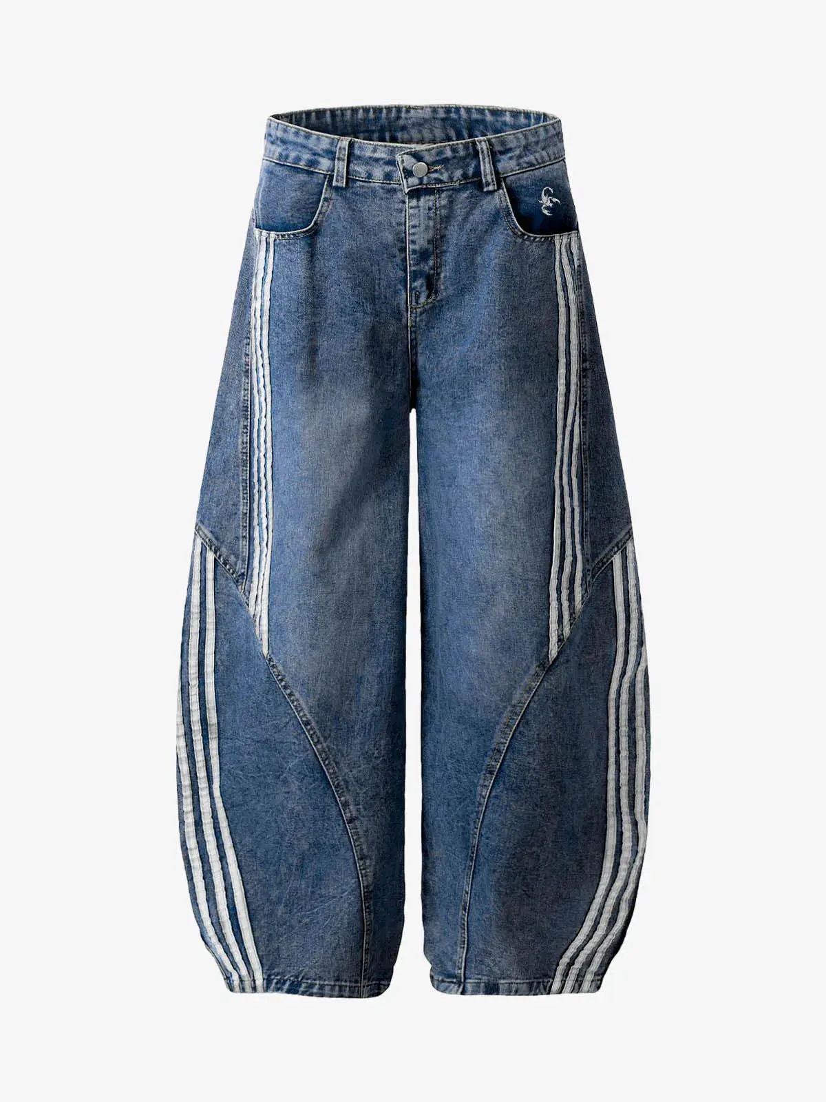 Thesupermade Contrast Stripe Barrel Jeans | Diagonal Stitch Wide-Leg Denim Streetwear Pants Men