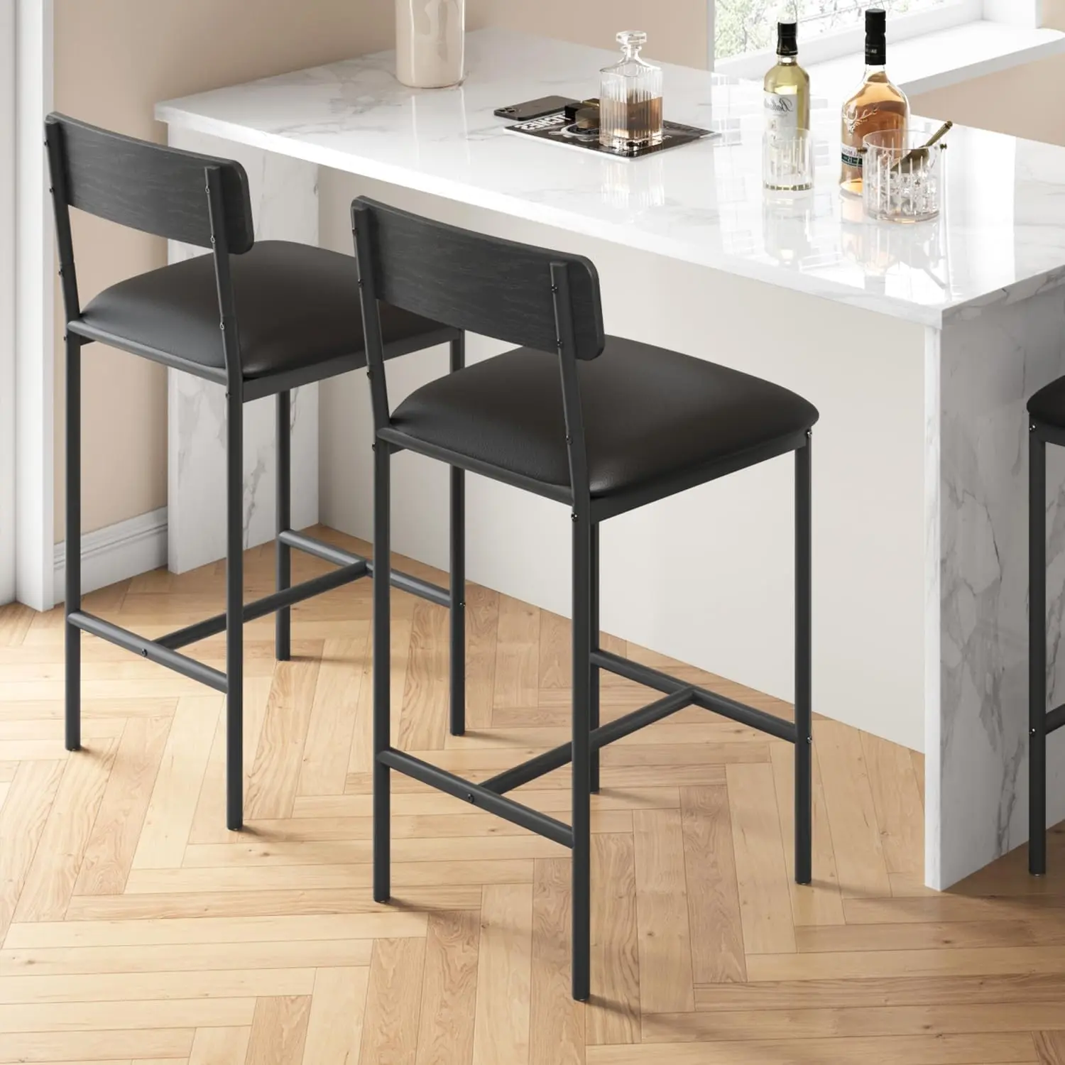 25.5-Inch MDF+Steel 2-Seat Armless Counter-High Barstools, Adjustable Counter Stools with Back & Footrest, Easy-Assembly Dining Chairs with Wider Metal Pipes, Contemporary Back Saver Home Bar Furniture for Kitchen Seating