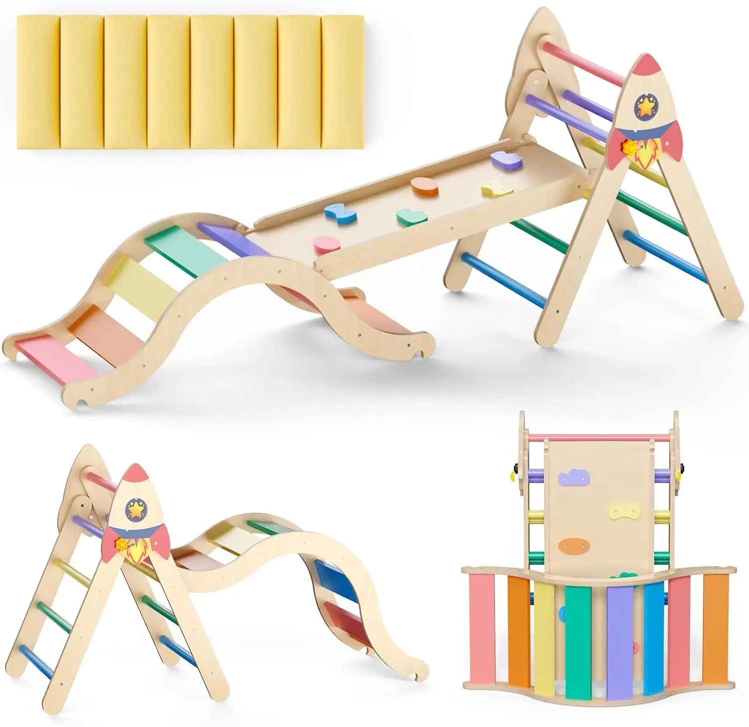KidsBuddy 9-in-1 Rainbow Rocket Pikler Triangle, Montessori Climbing Toy for Toddlers 1-3, Indoor Baby Playground