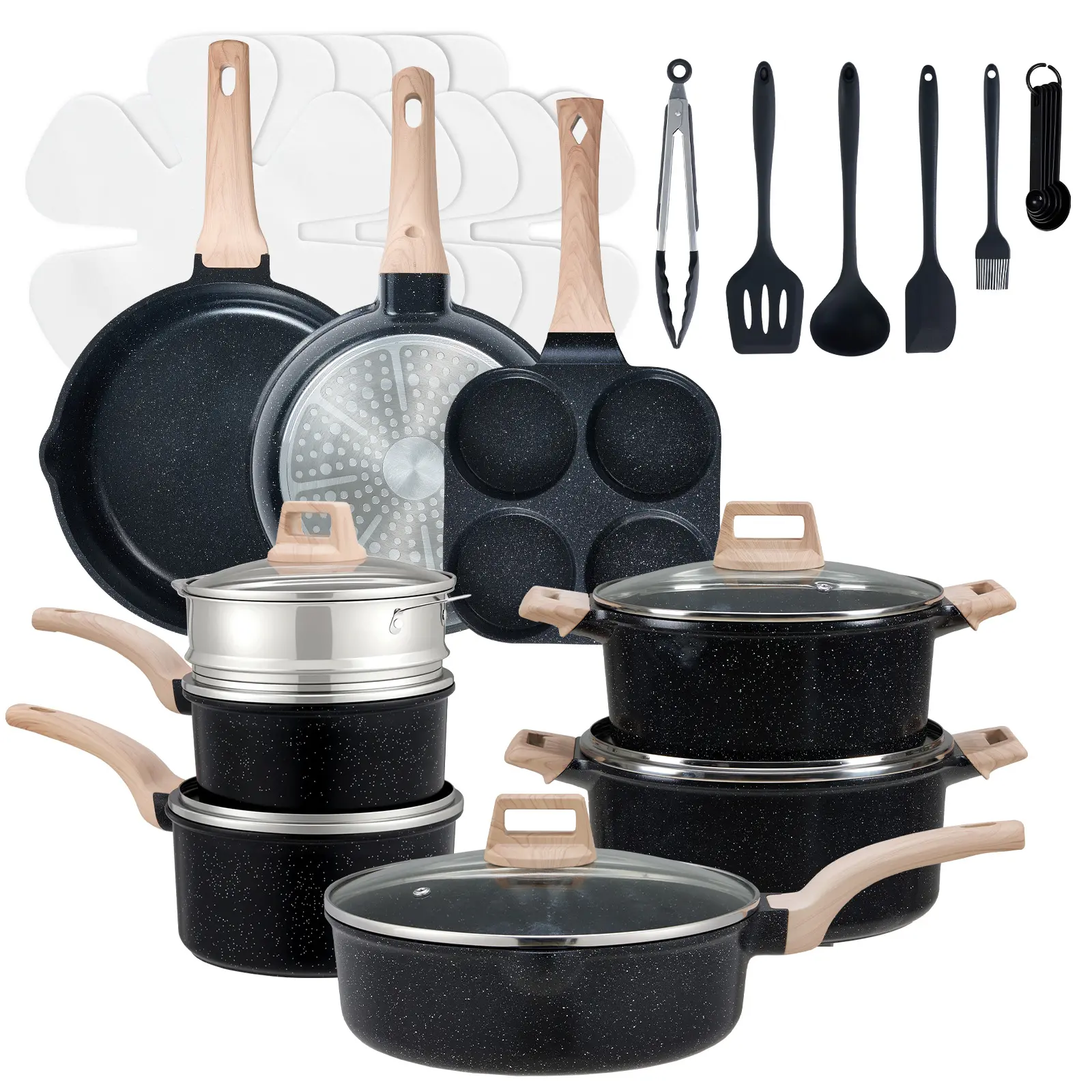 Sweetcrispy 25-Piece Sturdy Non-Stick Ceramic Granite Cookware Set - Lightweight Nonscratch Aluminum Pots and Pans, Glass Lids, Stay-Cool Handles, Induction & Stovetop Compatible for Healthy Cooking, Pots And Pans Set, Aluminum Cookware Sets