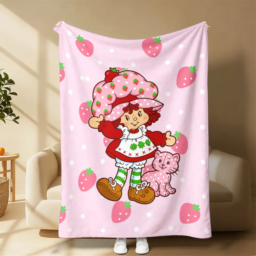 Cozy Aesthetic Flannel Character Blanket - Pink Strawberry Shortcake,Custard Cat,Polka Dot Fruit Prints,90s Retro Anime Blankets,Strawberry Themed Stuff,Skin-Friendly,Lightweight,Home Office Bed Cozy Setup,Contemporary Look,Mother's Day Gift,Home Decor