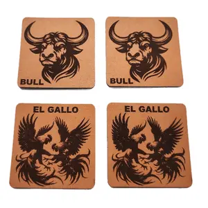Leather Patches – Bull and Rooster Laser Engraved- Light Brown | Top Grain Leather with Lonestar Adhesive ready to be Heat Pressed | Set of 4