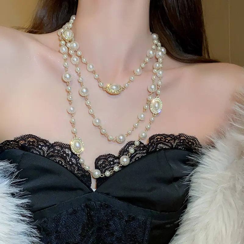 Pearl necklace. Long style large pearl necklace, multi - layer, light luxury, small - batch, for cheongsam or sweater. Women's necklace that can be stacked and worn, a kind of neck accessory and jewelry. multicolored friend bucks co cute